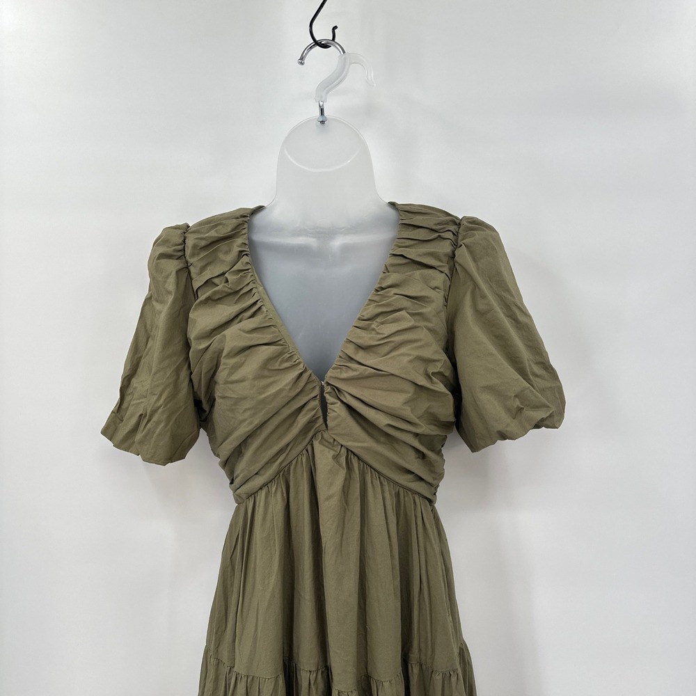 Olive Green Tiered Maxi Dress Small Cottagecore Prairie Boho Puff Sleeve Deep V - Picture 4 of 12